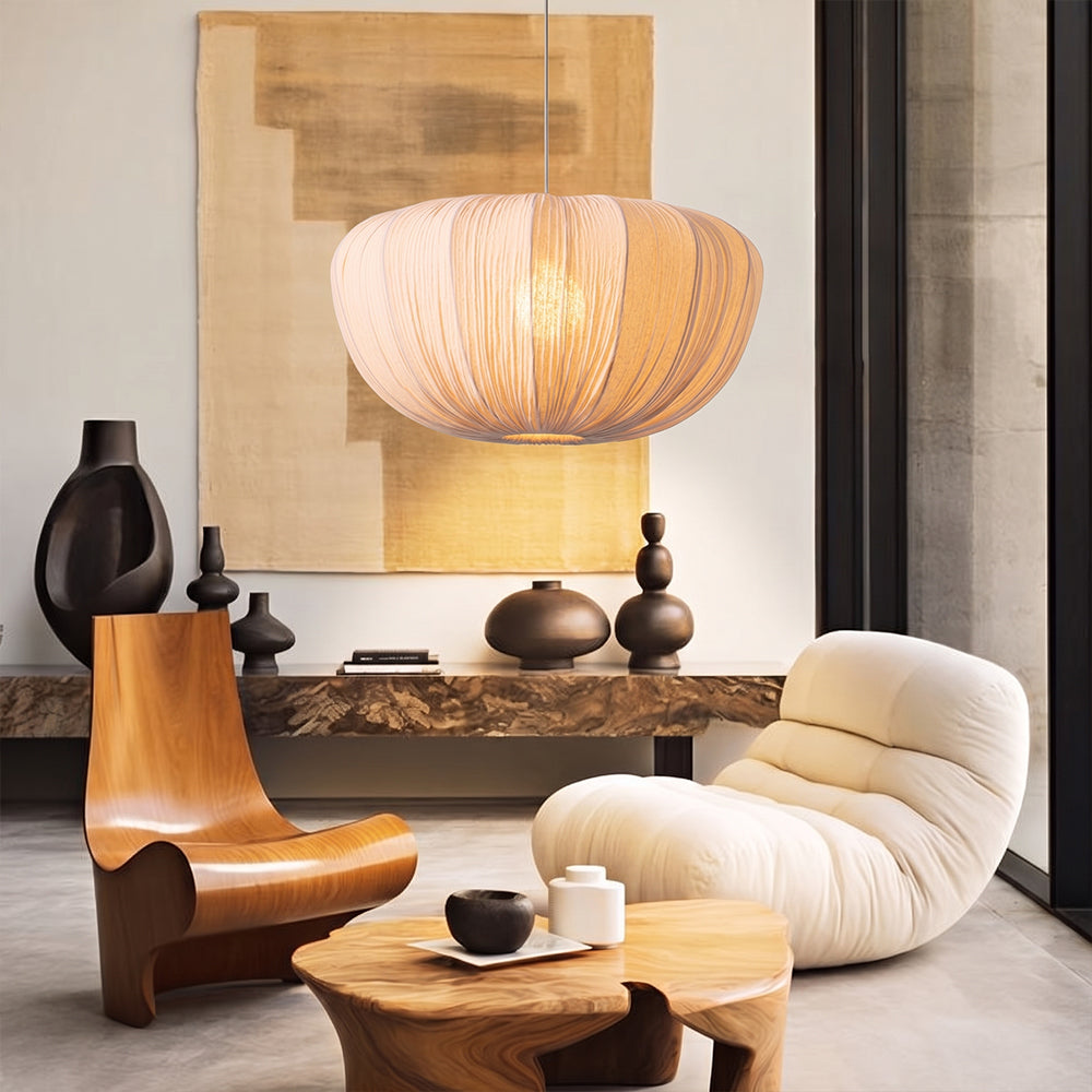 Pleated Fabric Pendant Lamp Minimalist Rounded Hanging Light