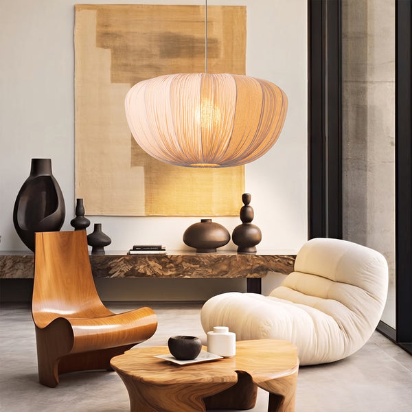 Pleated Fabric Pendant Lamp Minimalist Rounded Hanging Light