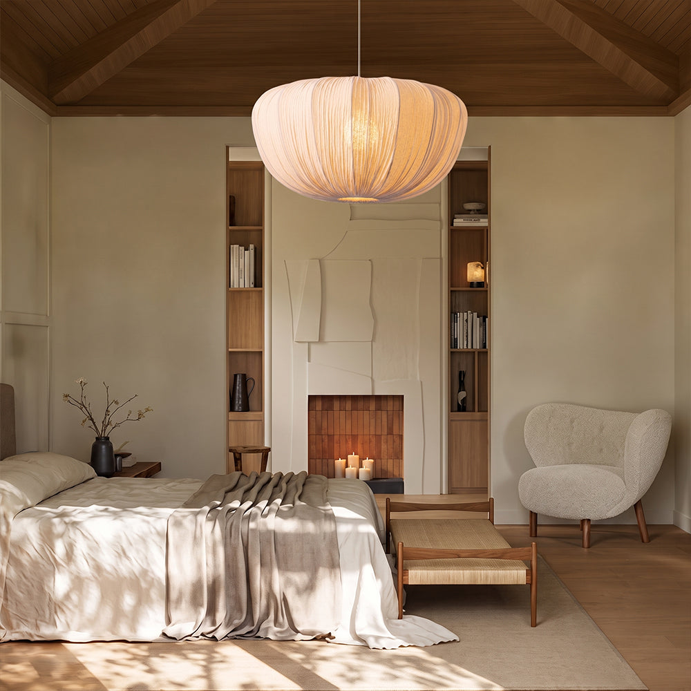Pleated Fabric Pendant Lamp Minimalist Rounded Hanging Light