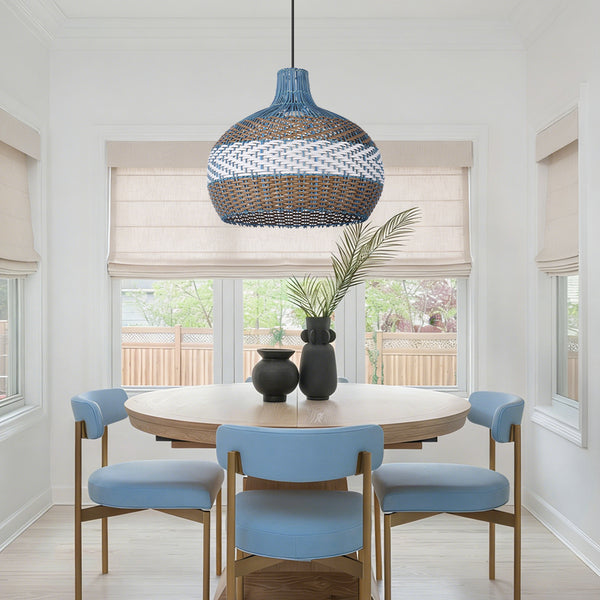 Blue Rattan Pendant Light Hamptons-Style Kitchen Island Fixture