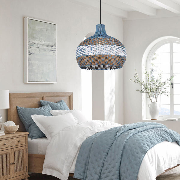 Blue Rattan Pendant Light Hamptons-Style Kitchen Island Fixture