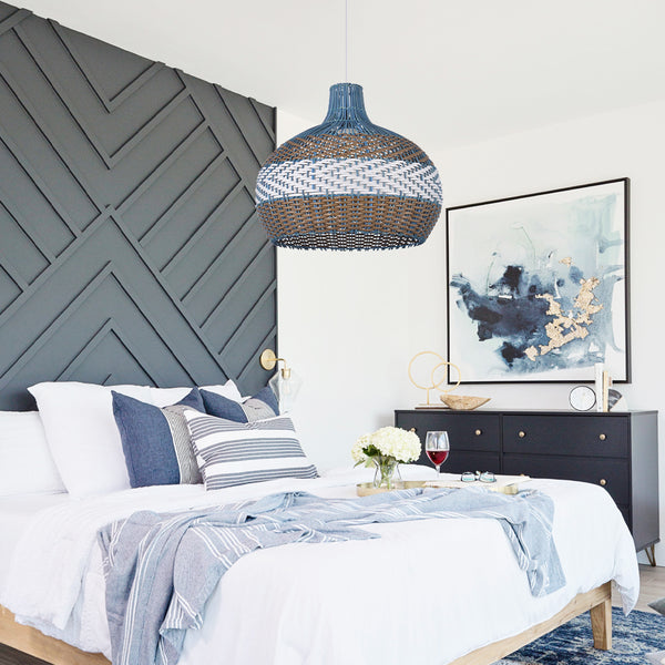 Blue Rattan Pendant Light Hamptons-Style Kitchen Island Fixture