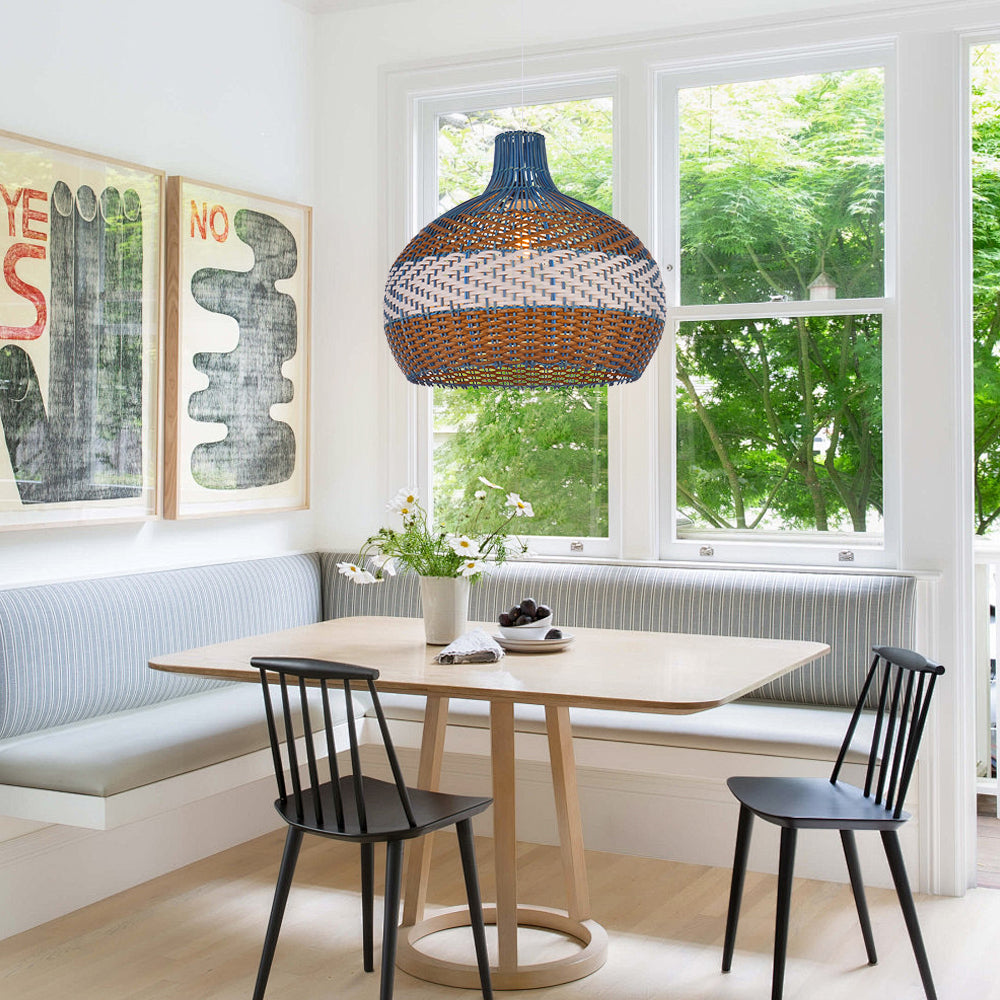 Blue Rattan Pendant Light Hamptons-Style Kitchen Island Fixture