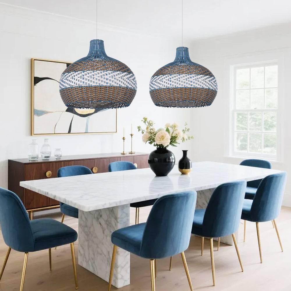 Blue Rattan Pendant Light Hamptons-Style Kitchen Island Fixture
