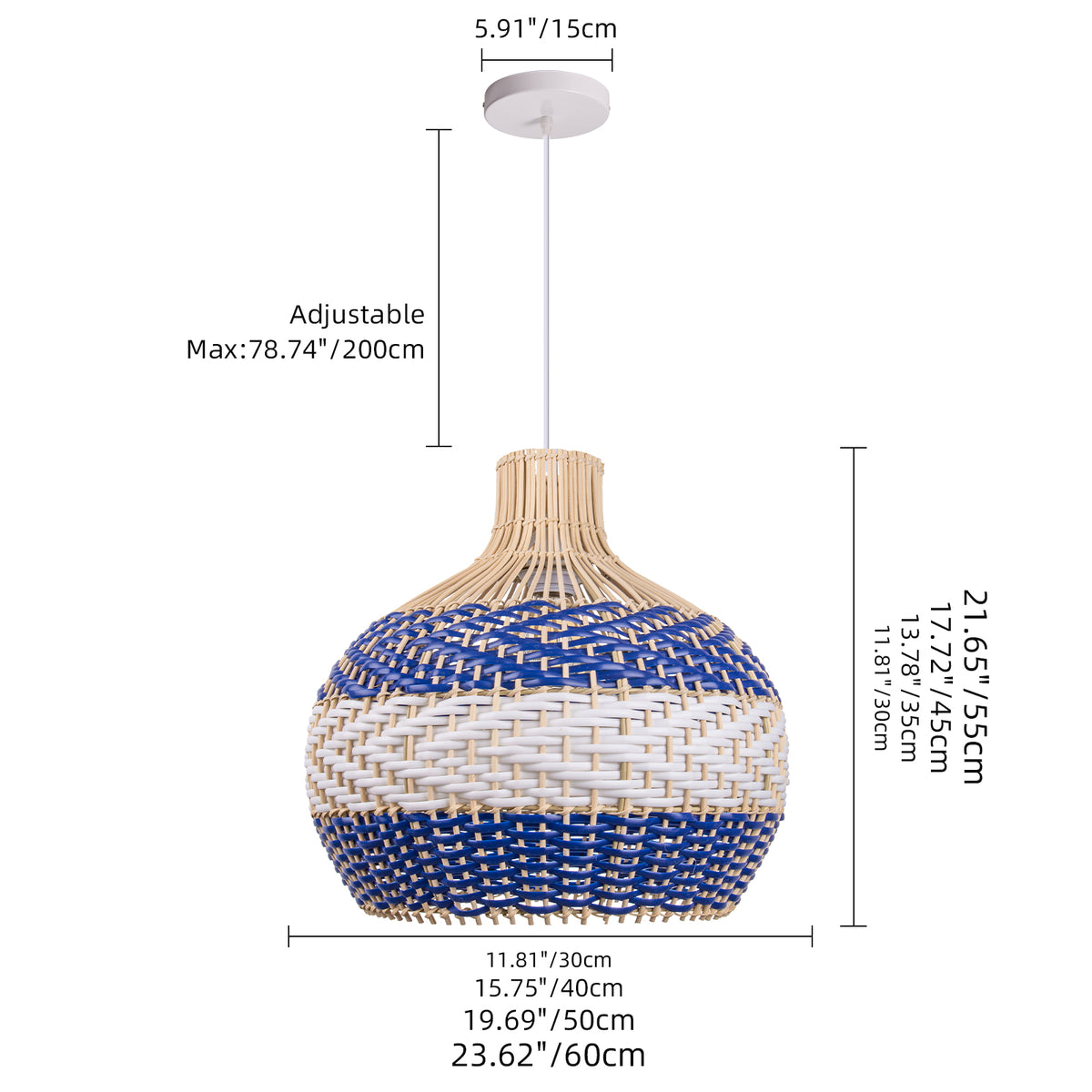 Royal Blue Rattan Pendant Light Boho Farmhouse Dining Room Chandelier