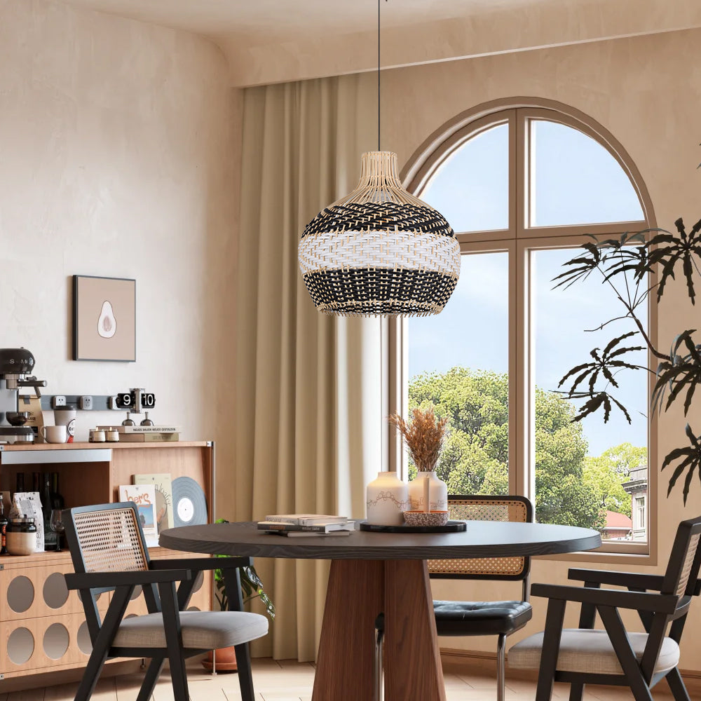 Black and White Rattan Pendant Light Modern Kitchen Island Chandelier