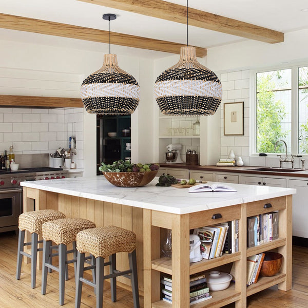 Black and White Rattan Pendant Light Modern Kitchen Island Chandelier