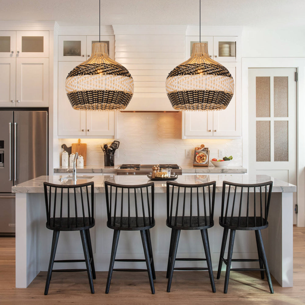 Black and White Rattan Pendant Light Modern Kitchen Island Chandelier
