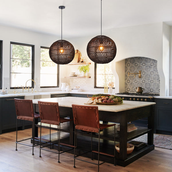 Black Rattan Pendant Light Modern Round Island Chandelier