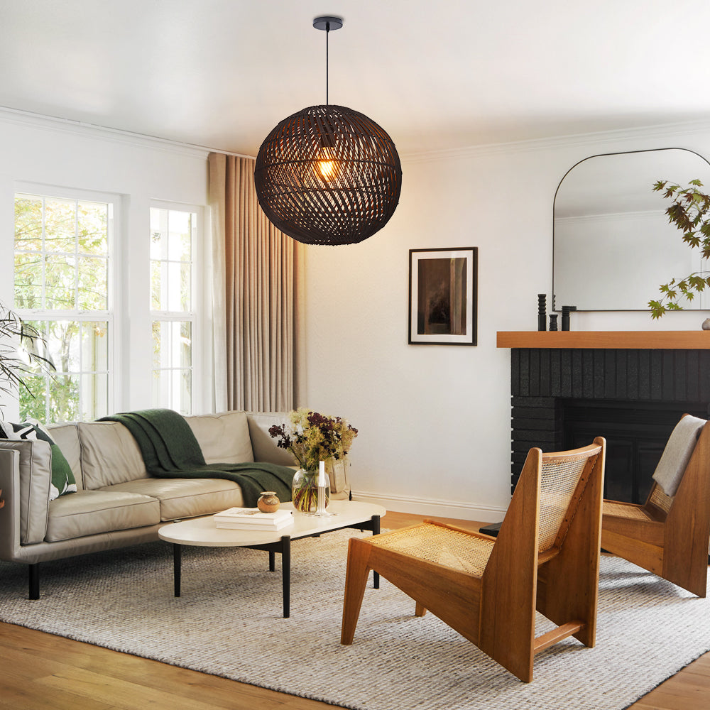 Black Rattan Pendant Light Modern Round Island Chandelier