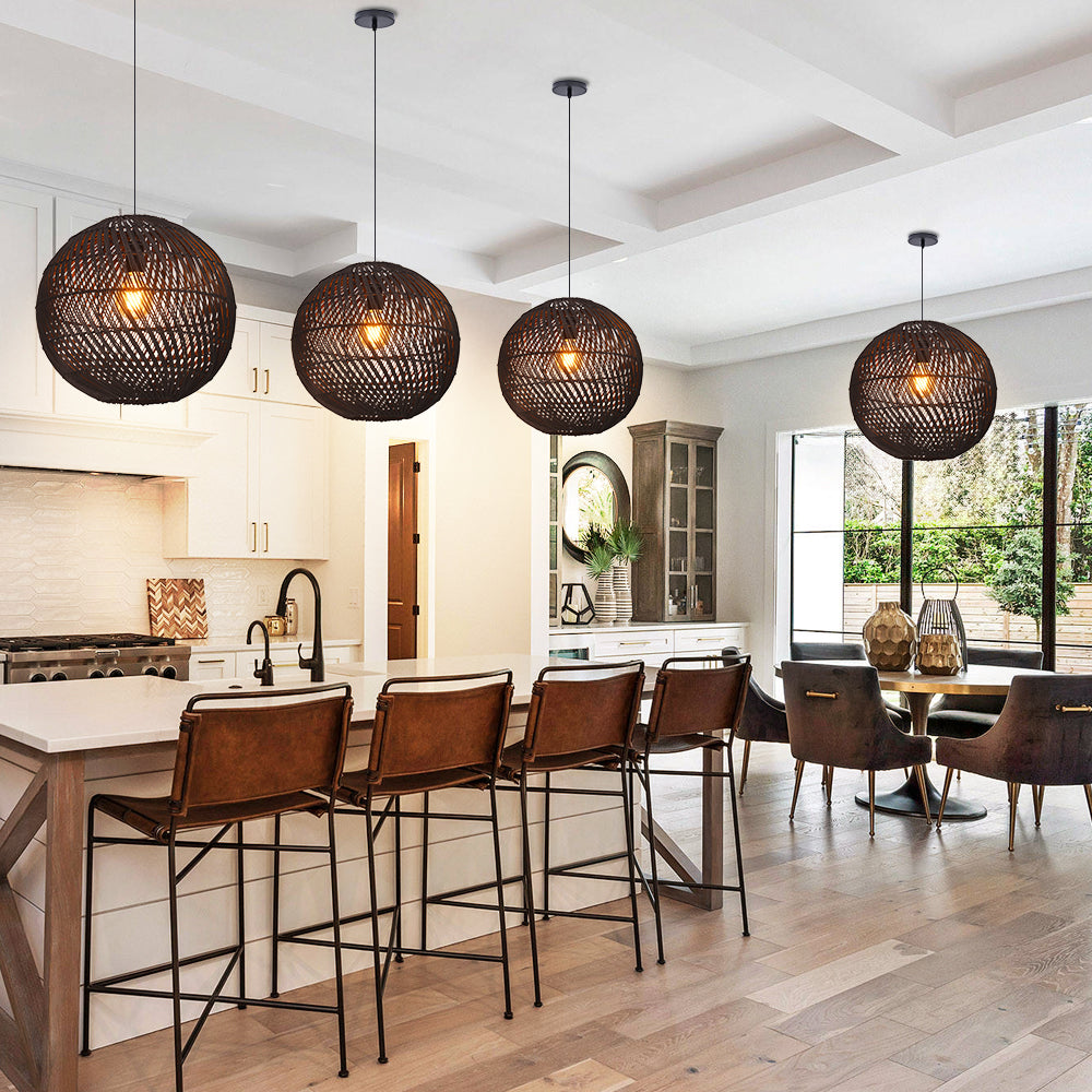 Black Rattan Pendant Light Modern Round Island Chandelier