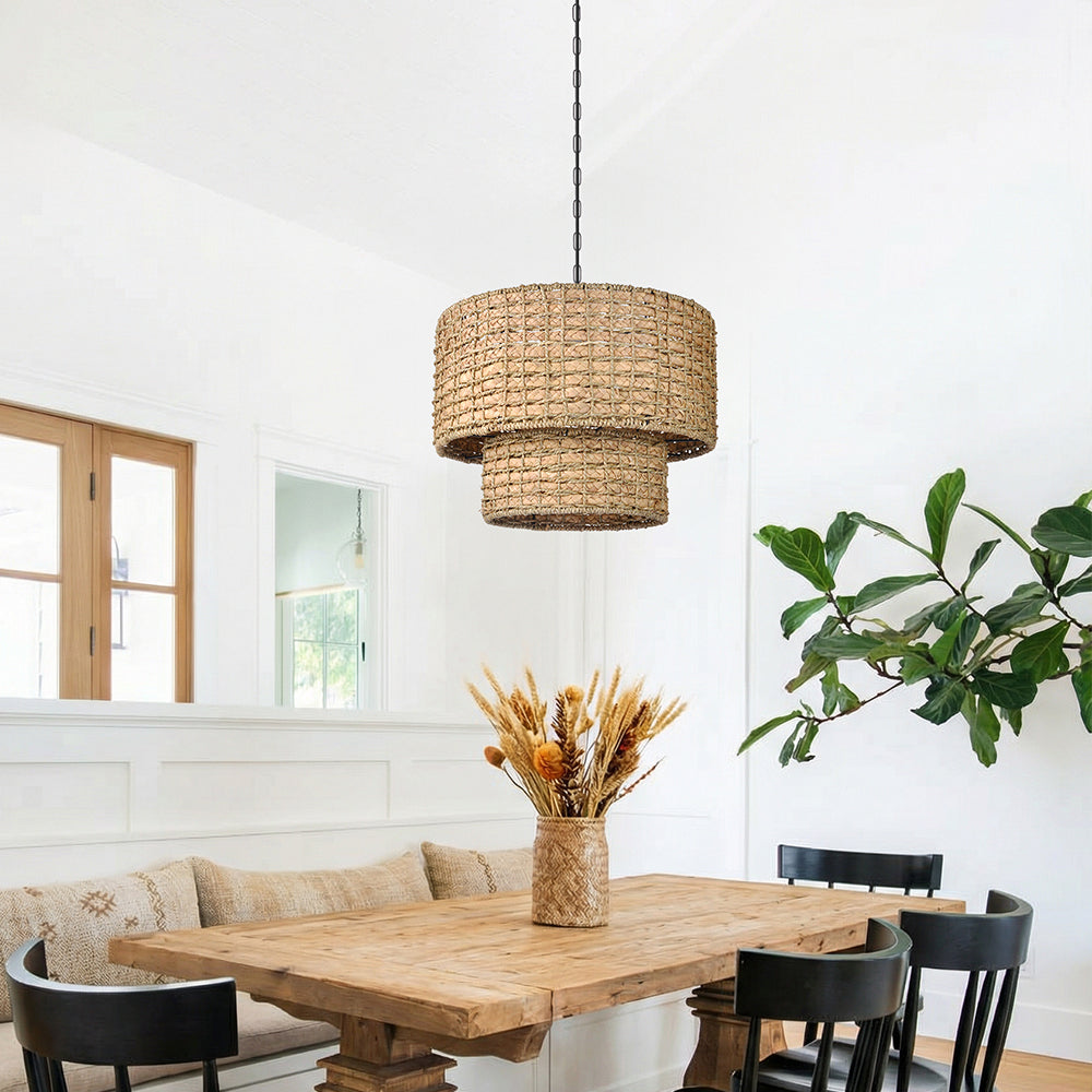 Double-Layer Seagrass Pendant Light Wabi-Sabi Living Room Chandelier