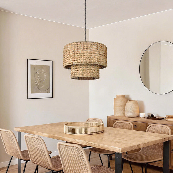 Double-Layer Seagrass Pendant Light Wabi-Sabi Living Room Chandelier