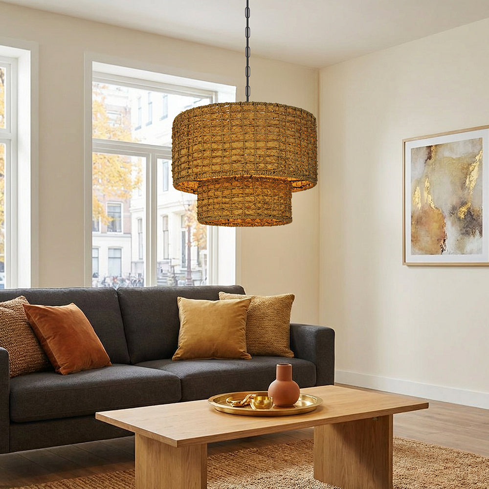 Double-Layer Seagrass Pendant Light Wabi-Sabi Living Room Chandelier