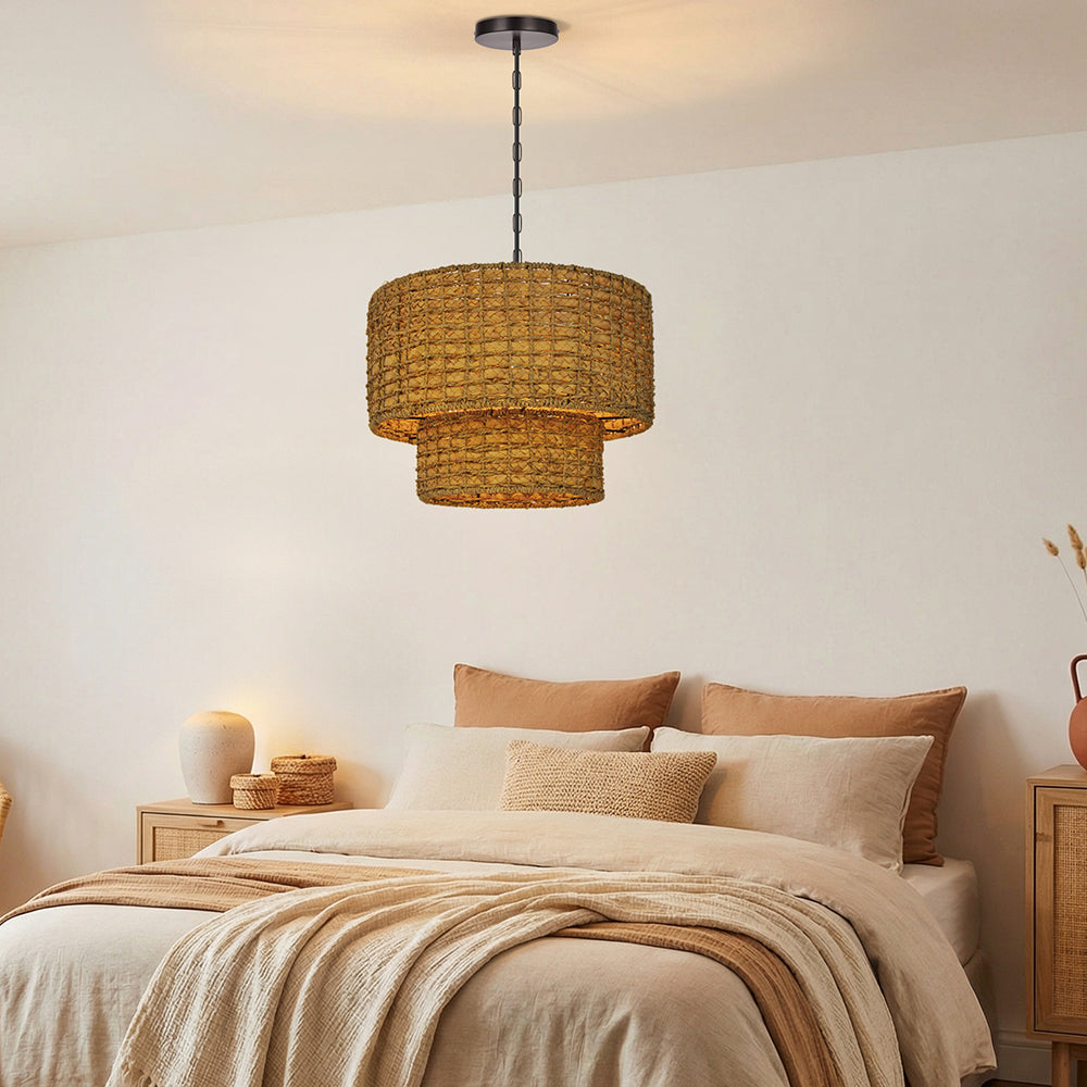 Double-Layer Seagrass Pendant Light Wabi-Sabi Living Room Chandelier