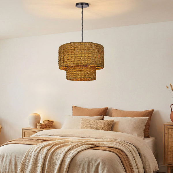 Double-Layer Seagrass Pendant Light Wabi-Sabi Living Room Chandelier