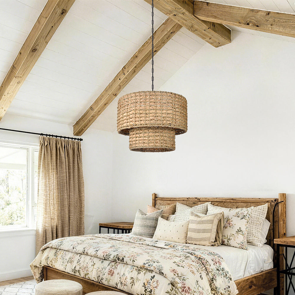 Double-Layer Seagrass Pendant Light Wabi-Sabi Living Room Chandelier