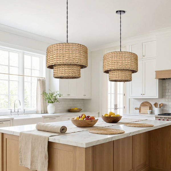 Double-Layer Seagrass Pendant Light Wabi-Sabi Living Room Chandelier