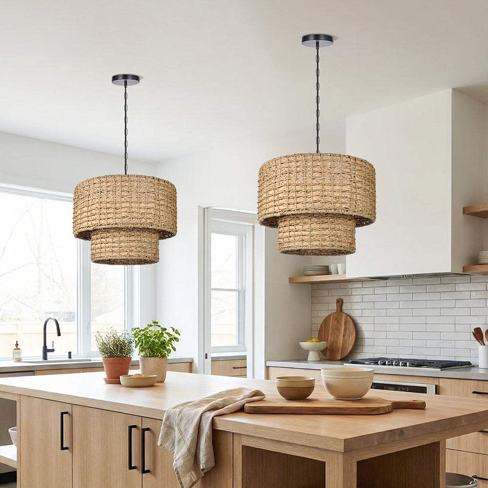 Double-Layer Seagrass Pendant Light Wabi-Sabi Living Room Chandelier