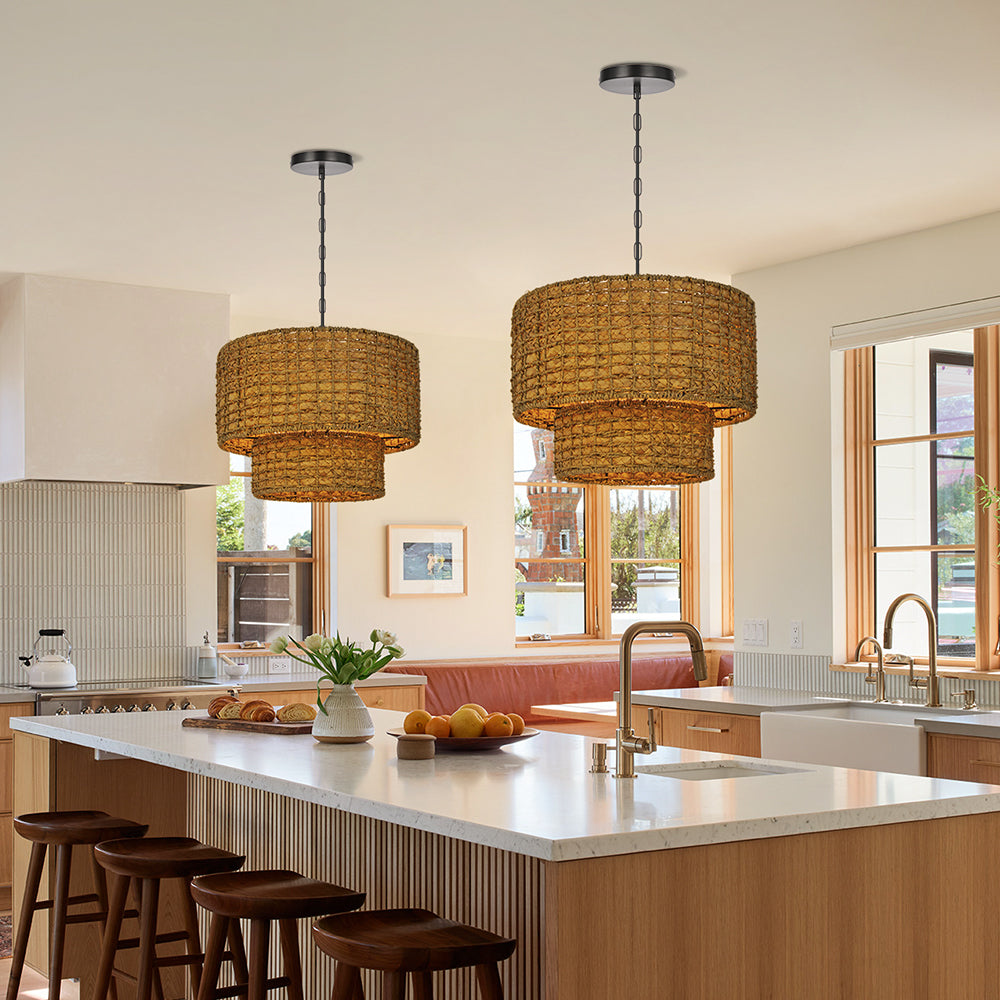 Double-Layer Seagrass Pendant Light Wabi-Sabi Living Room Chandelier
