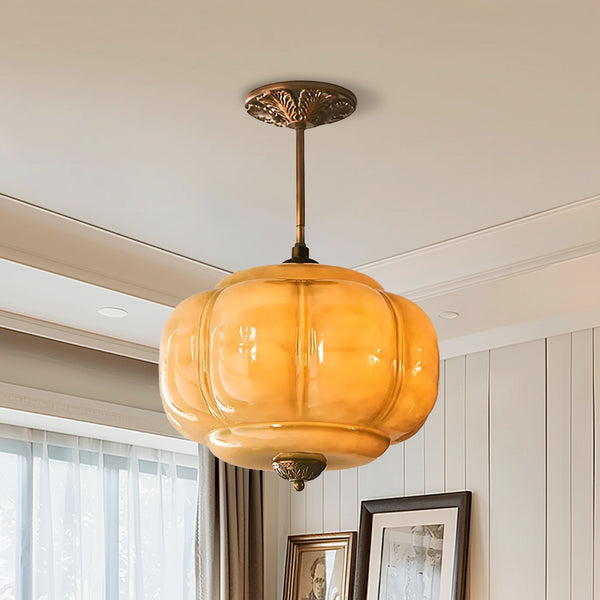 Medieval Vintage Flush Mount Lamp Simple Pumpkin Glass Pendant Light