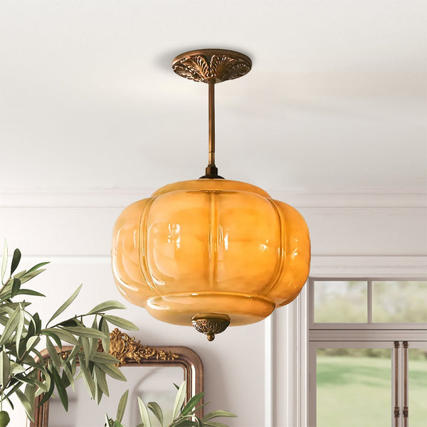 Medieval Vintage Flush Mount Lamp Simple Pumpkin Glass Pendant Light