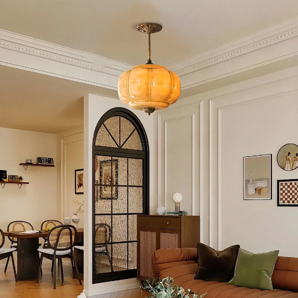 Medieval Vintage Flush Mount Lamp Simple Pumpkin Glass Pendant Light