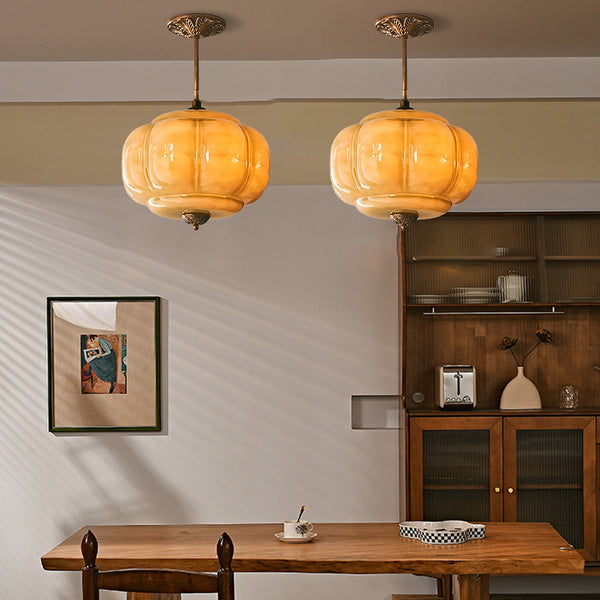Medieval Vintage Flush Mount Lamp Simple Pumpkin Glass Pendant Light