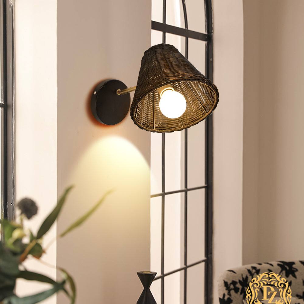 Handwoven Rattan Wall Sconce Boho Wicker Lantern Wall Light