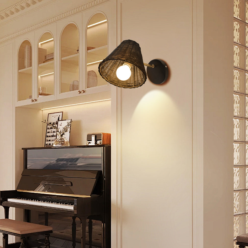 Handwoven Rattan Wall Sconce Boho Wicker Lantern Wall Light