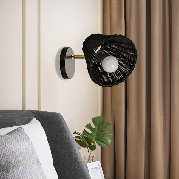 Handwoven Rattan Wall Sconce Boho Wicker Lantern Wall Light