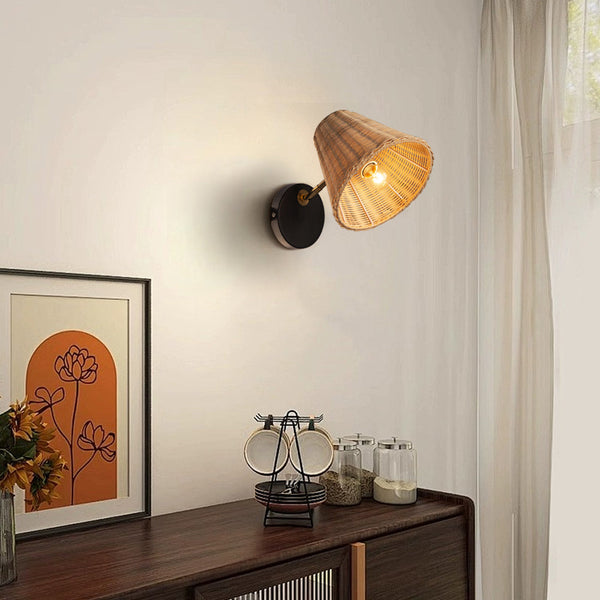 Handwoven Rattan Wall Sconce Boho Wicker Lantern Wall Light