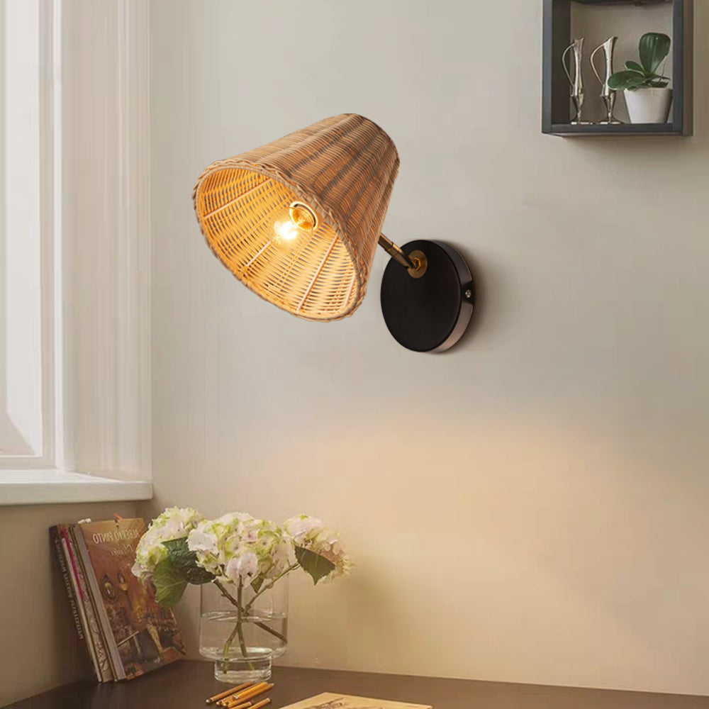 Handwoven Rattan Wall Sconce Boho Wicker Lantern Wall Light