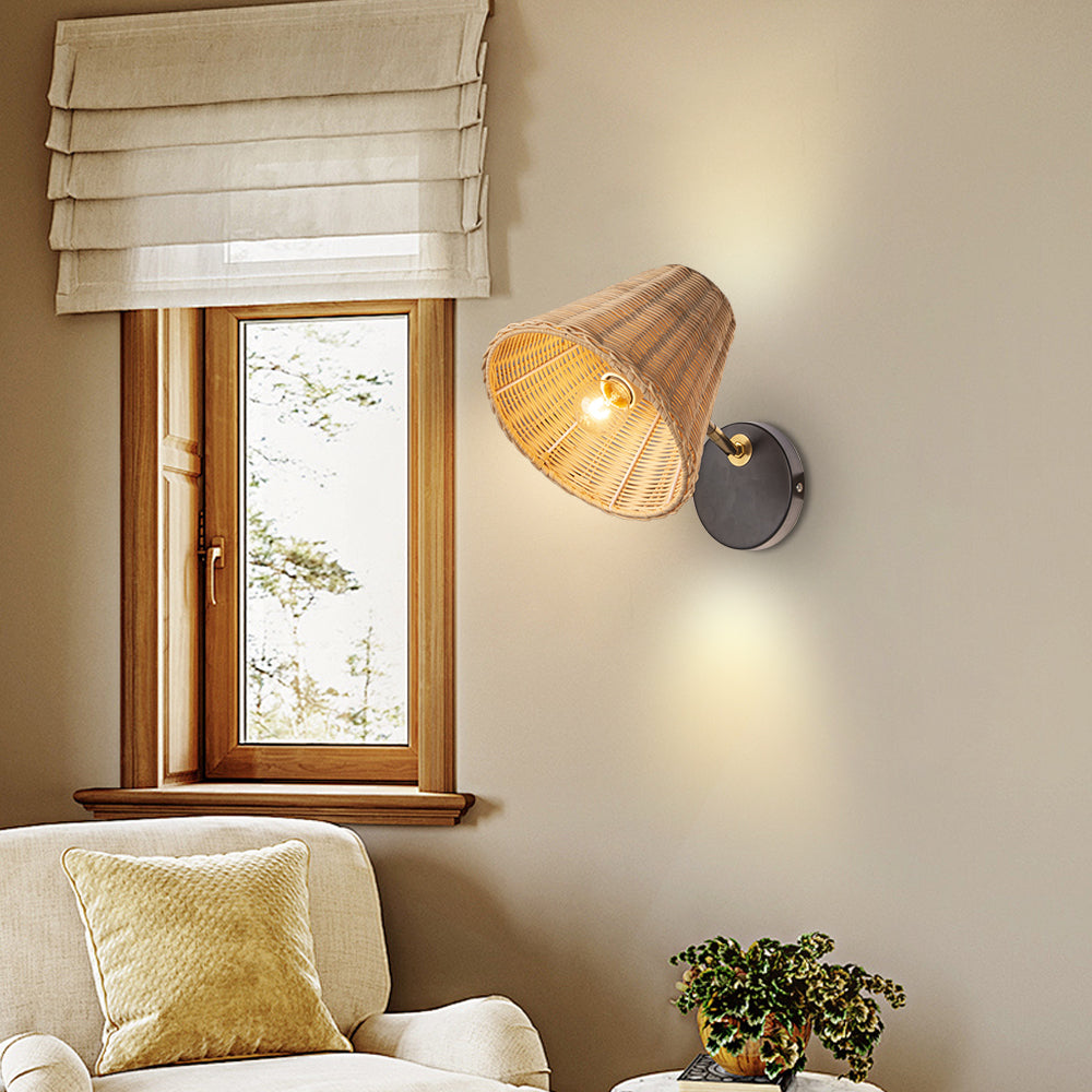 Handwoven Rattan Wall Sconce Boho Wicker Lantern Wall Light