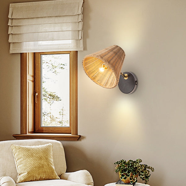 Handwoven Rattan Wall Sconce Boho Wicker Lantern Wall Light