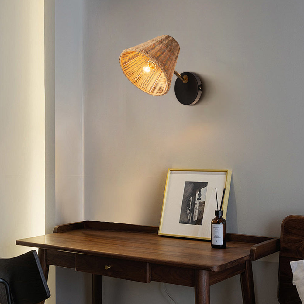 Handwoven Rattan Wall Sconce Boho Wicker Lantern Wall Light