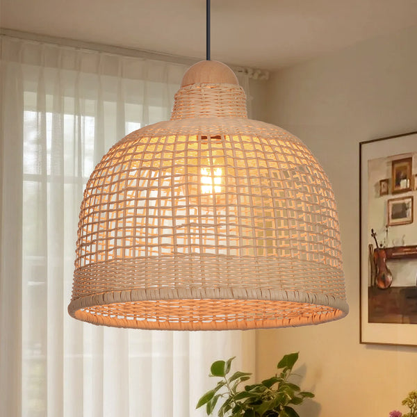 Japanese Grid Rattan Pendant Light Handwoven Dining Chandelier