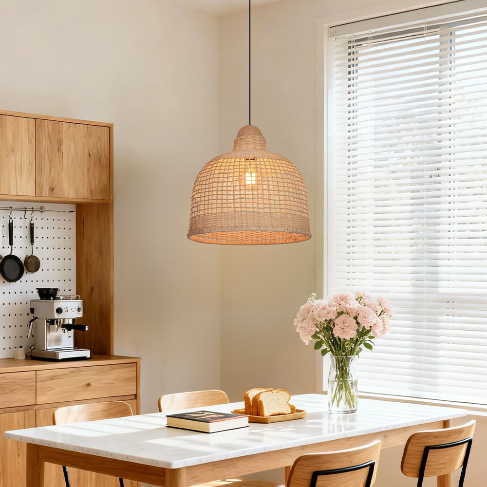 Japanese Grid Rattan Pendant Light Handwoven Dining Chandelier