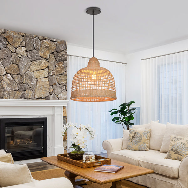 Japanese Grid Rattan Pendant Light Handwoven Dining Chandelier
