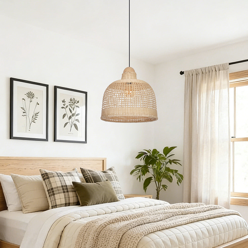 Japanese Grid Rattan Pendant Light Handwoven Dining Chandelier