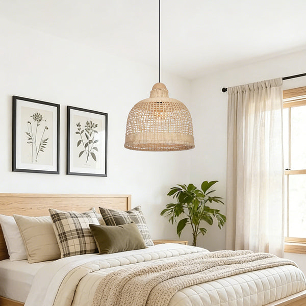 Japanese Grid Rattan Pendant Light Handwoven Dining Chandelier