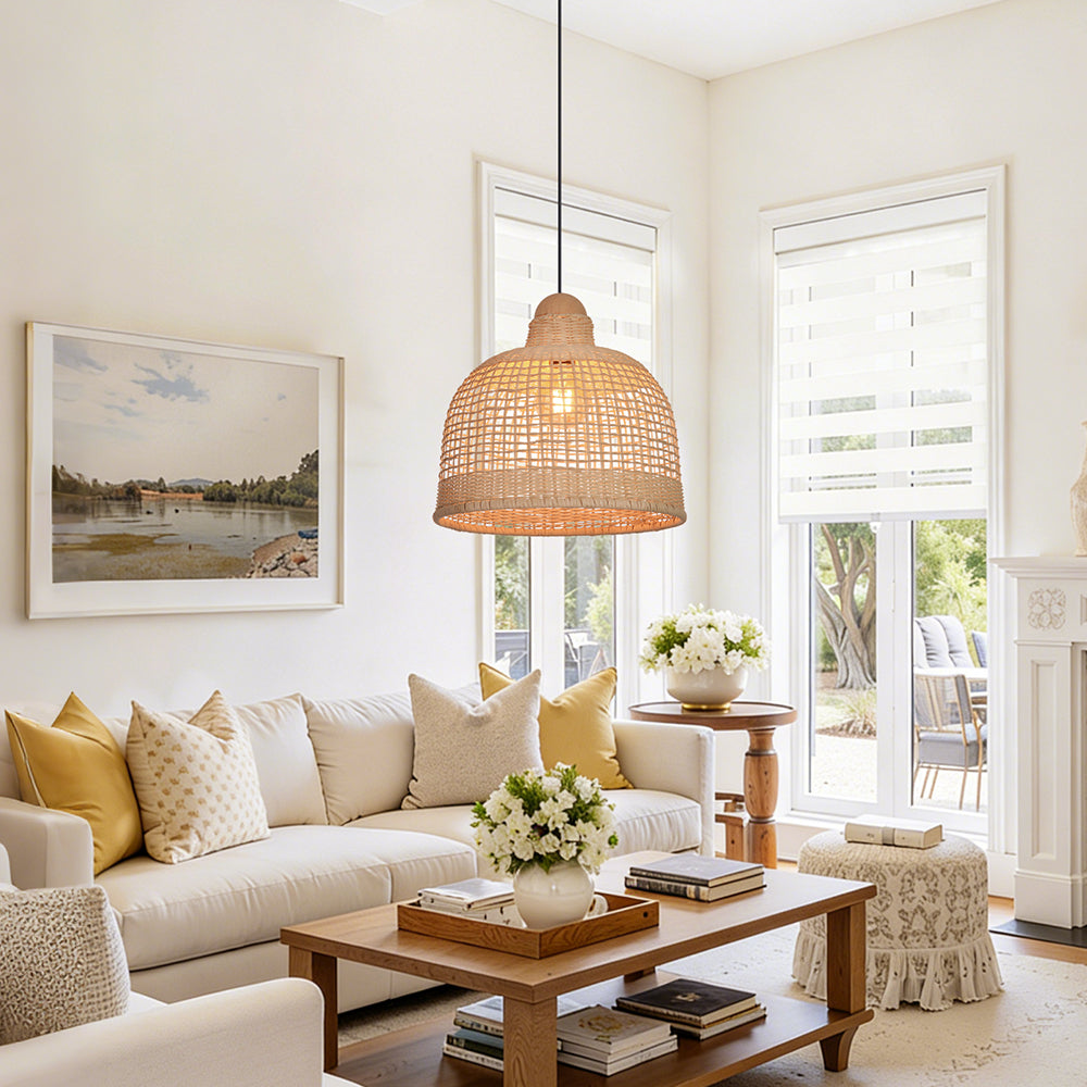 Japanese Grid Rattan Pendant Light Handwoven Dining Chandelier