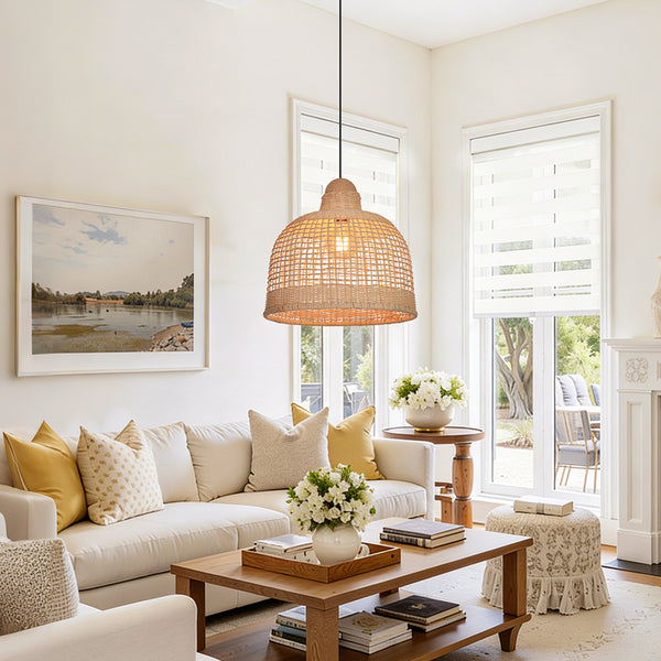 Japanese Grid Rattan Pendant Light Handwoven Dining Chandelier