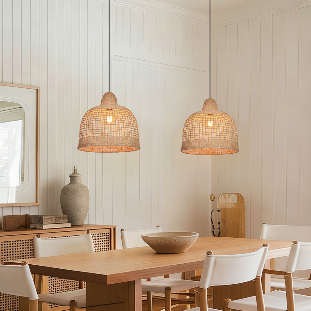 Japanese Grid Rattan Pendant Light Handwoven Dining Chandelier