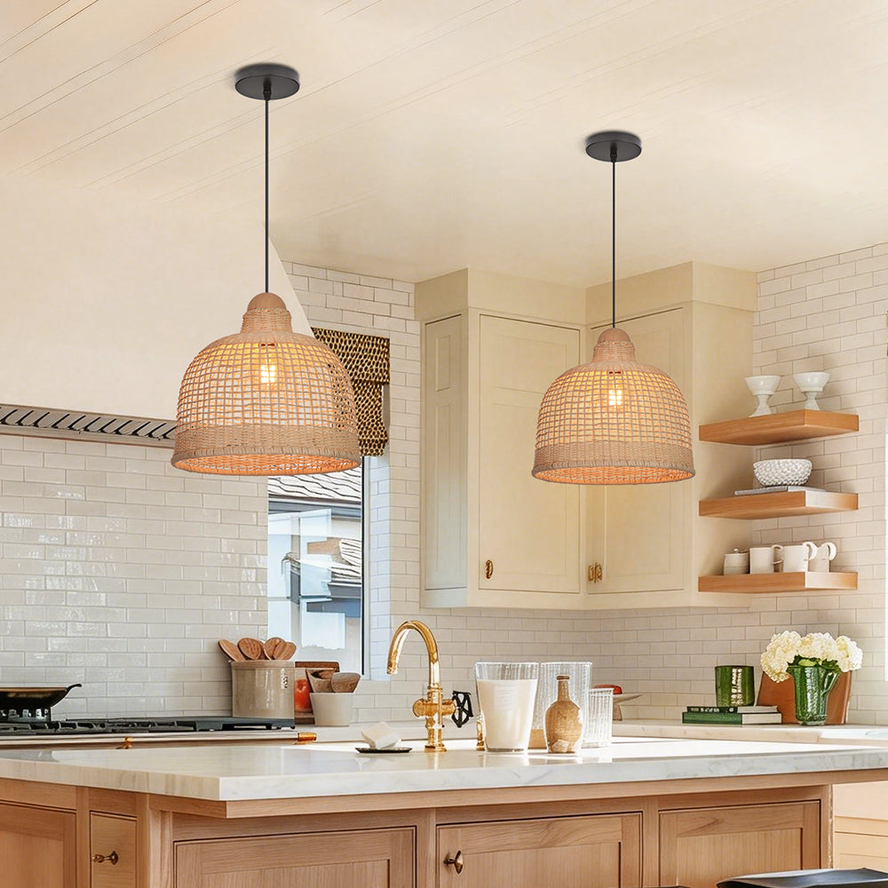Japanese Grid Rattan Pendant Light Handwoven Dining Chandelier