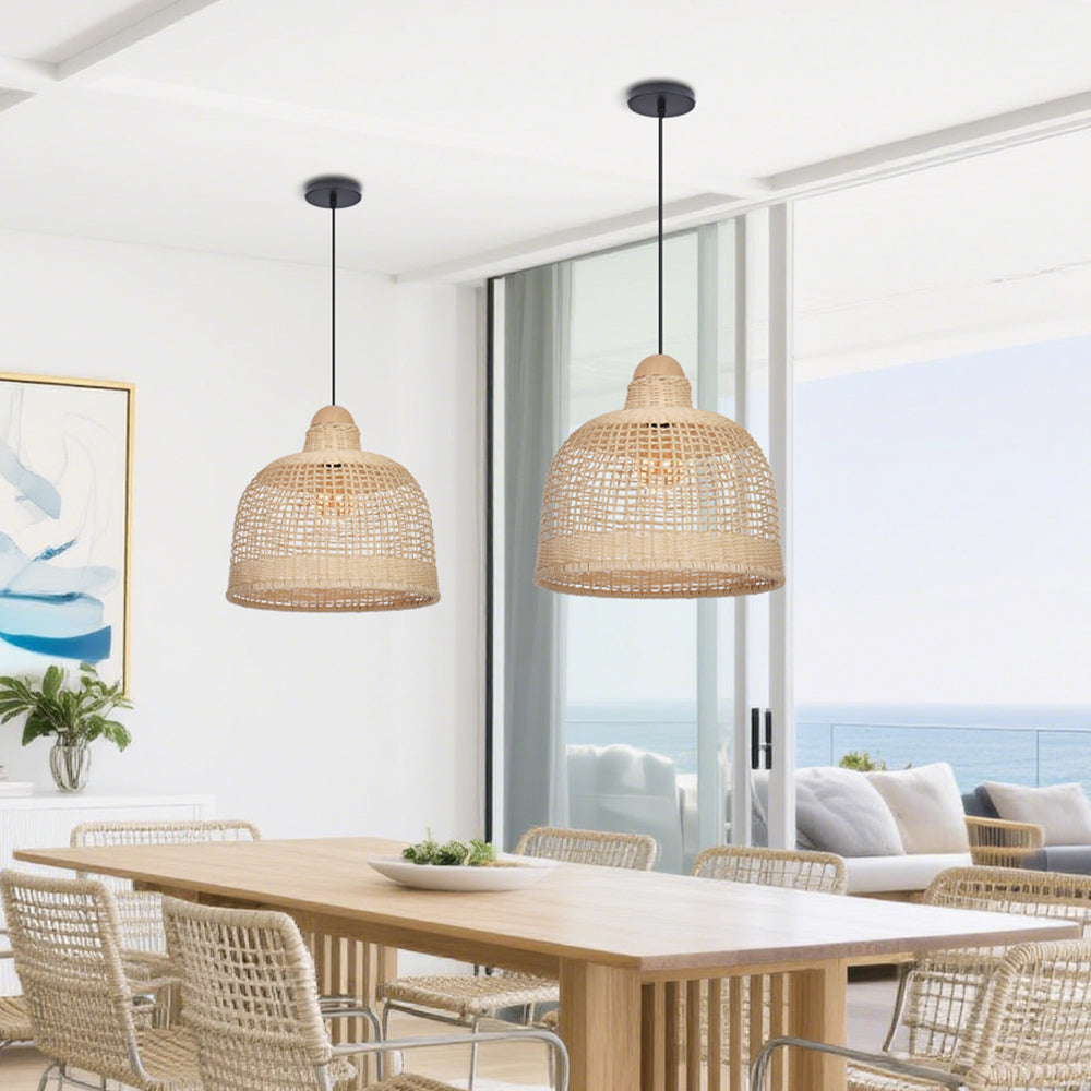 Japanese Grid Rattan Pendant Light Handwoven Dining Chandelier
