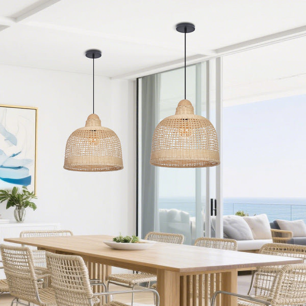 Japanese Grid Rattan Pendant Light Handwoven Dining Chandelier