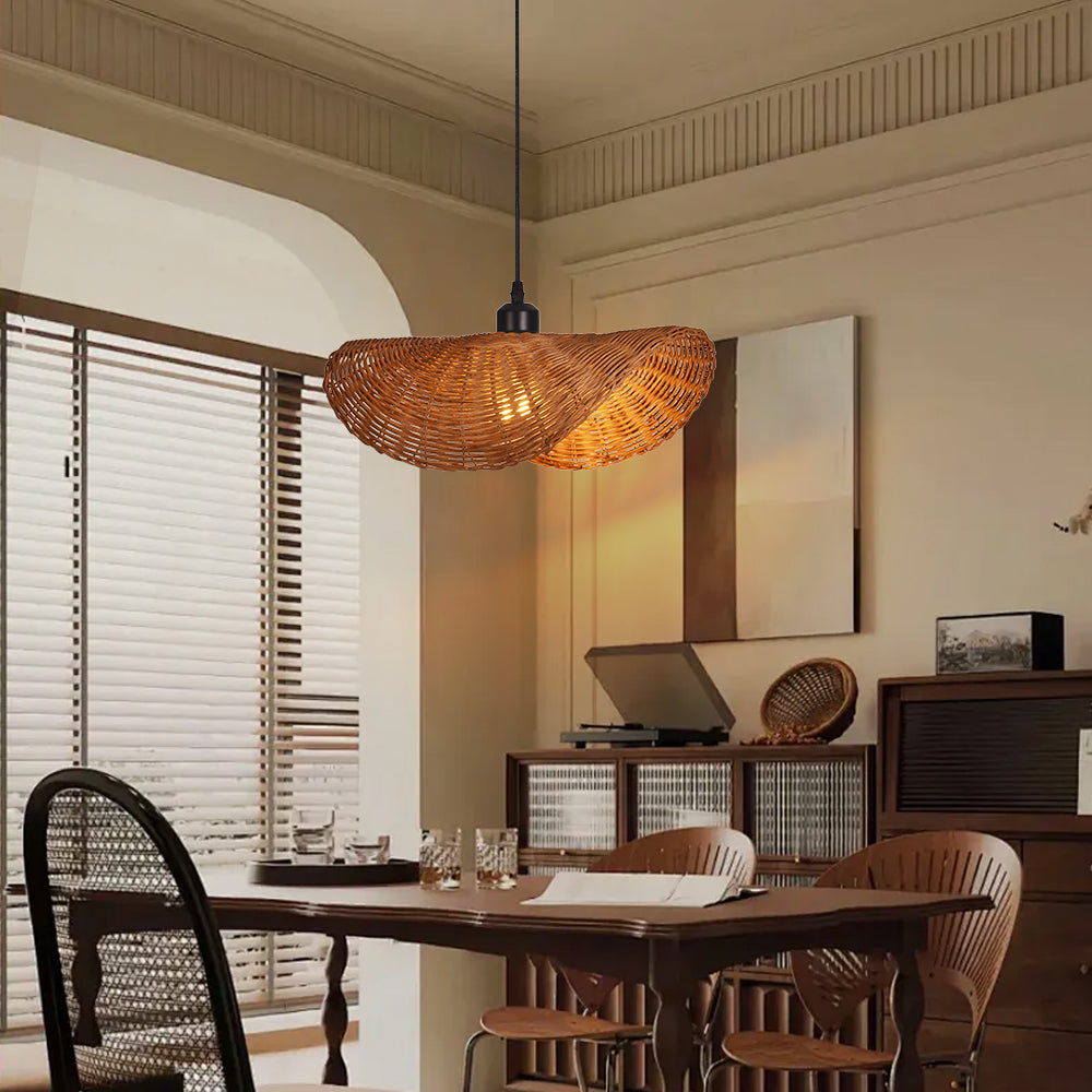 Japanese Wabi-Sabi Rattan Pendant Light Straw Hat Dining Chandelier