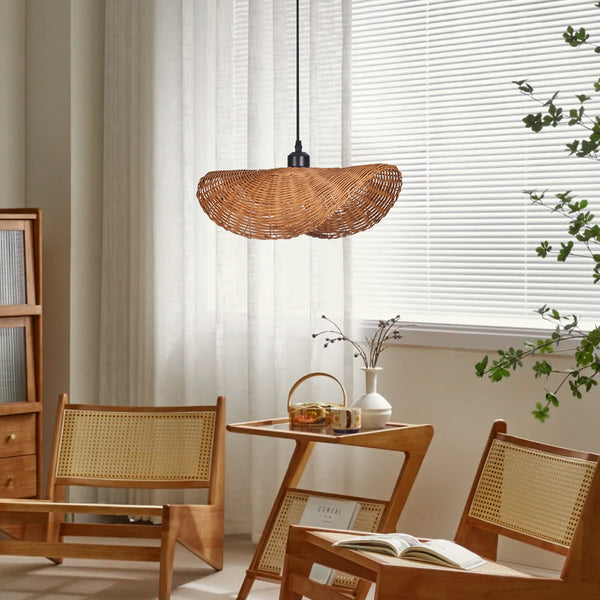 Japanese Wabi-Sabi Rattan Pendant Light Straw Hat Dining Chandelier