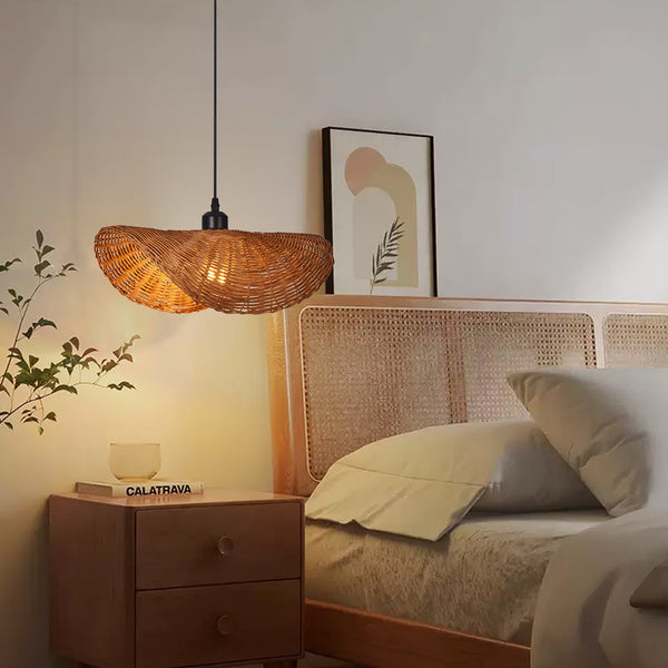 Japanese Wabi-Sabi Rattan Pendant Light Straw Hat Dining Chandelier